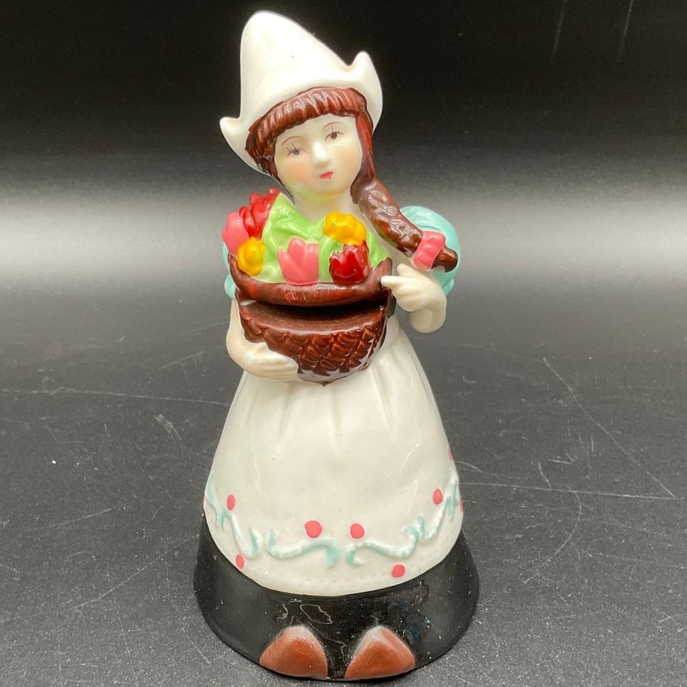 Ceramic Dutch Girl Coin Bank with‎ Basket of Flowers – 5.5" Folk Art Style